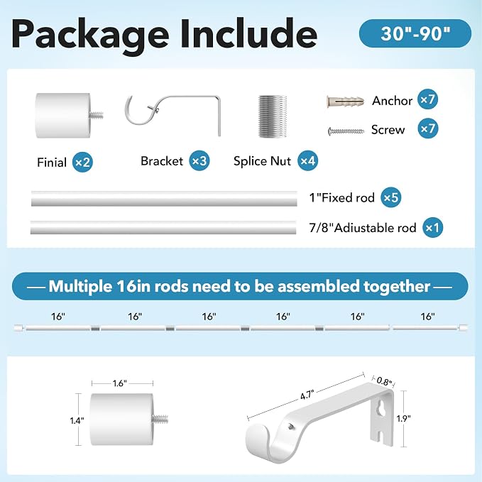IFELS Heavy Duty Curtain Rods for Windows 48 to 84 Inch, 1 Inch White Curtain - Image 6