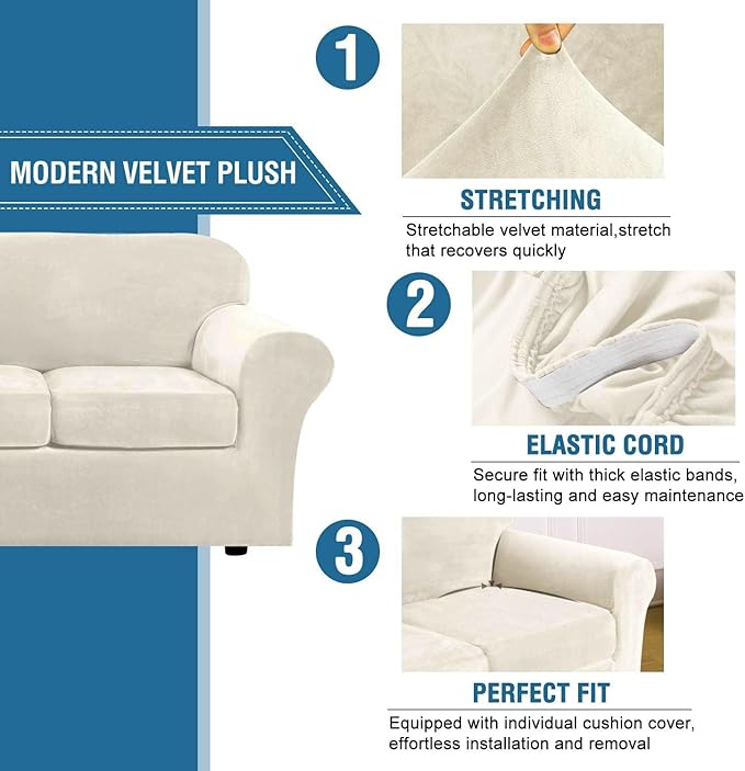 H.VERSAILTEX Real Velvet Plush 3 Piece Stretch Sofa Covers Couch Covers - Image 3