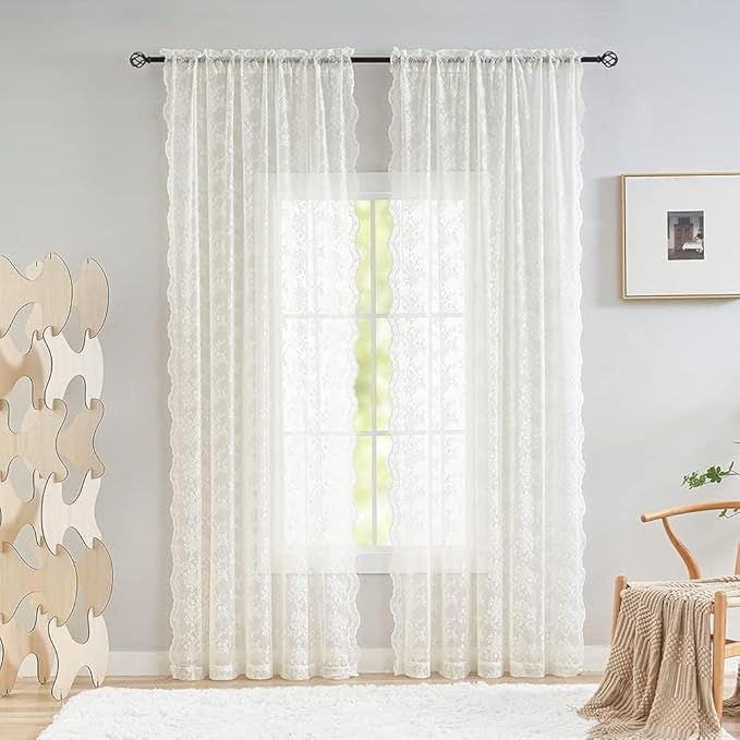 YJ YANJUN Vintage Lace Curtains Ivory Floral 105 inch Curtains 2 Panels by YJYANJUN