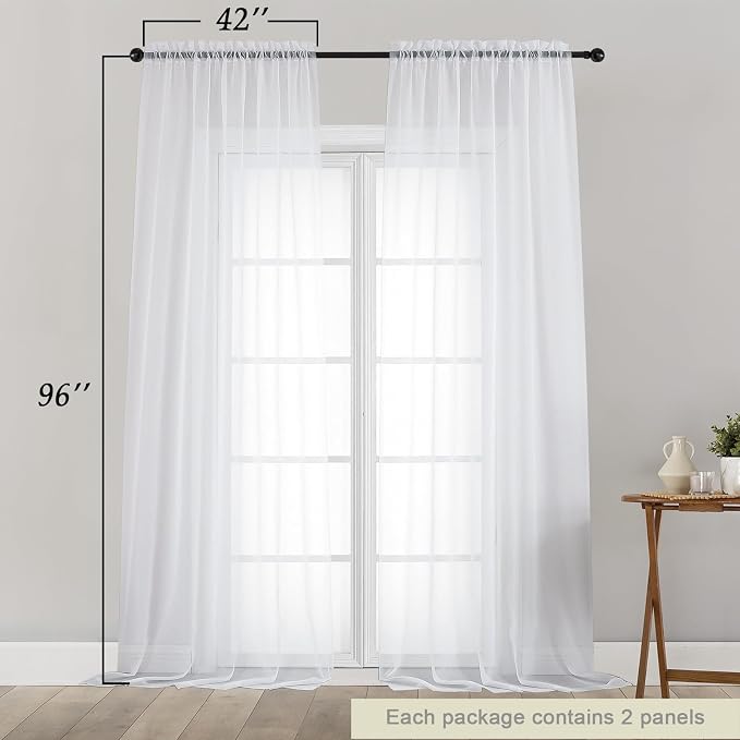 White Sheer Curtains for Bedroom Living Room 96 Inches Long 2 Panels, Modern - Image 2