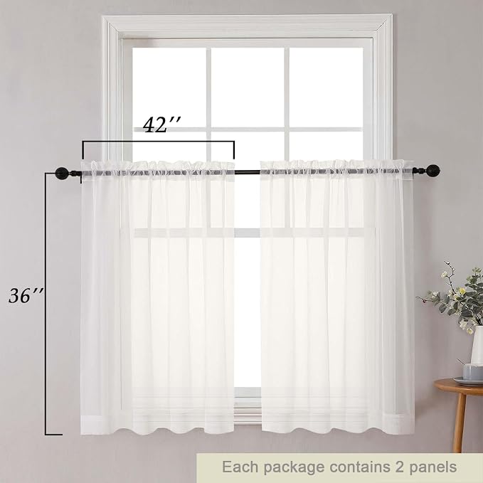 Cafe Curtains 36 Inch Length Tier 2 Pieces, Modern Soft Airy Sheer Kitchen - Image 2
