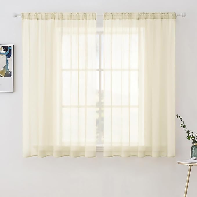 MIULEE Short Sheer Curtains 45 Inches Long, Light Cream Light Filtering Voile by MIULEE