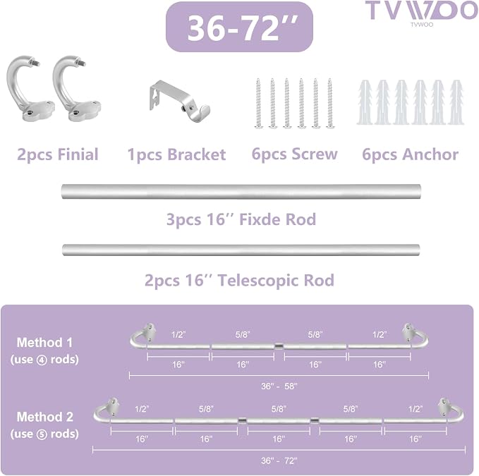 TVWOO Silver Wrap Around Curtain Rods:5/8 In Blackout Adjustable Window Curtain - Image 6