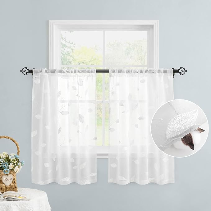HOMEIDEAS White Sheer Kitchen Curtains 30 X 36 Inch Length 2 Panels Embroidered - Image 2