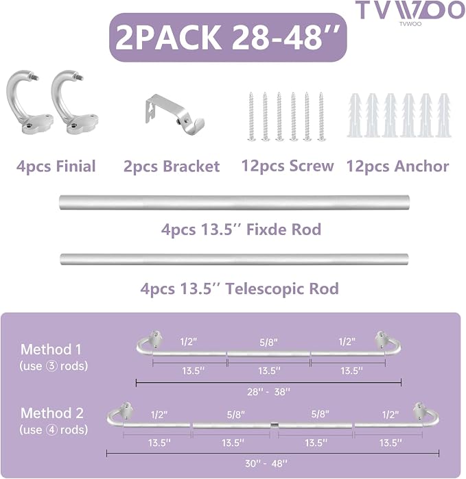TVWOO Silver Wrap Around Curtain Rods 2Pack:Small Blackout Adjustable Window - Image 8