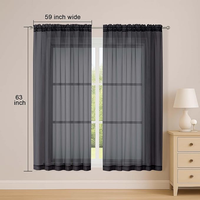 OWENIE Sheer Black Curtains, Sheer Curtains 63 inch Length 2 Panels Set - Image 2