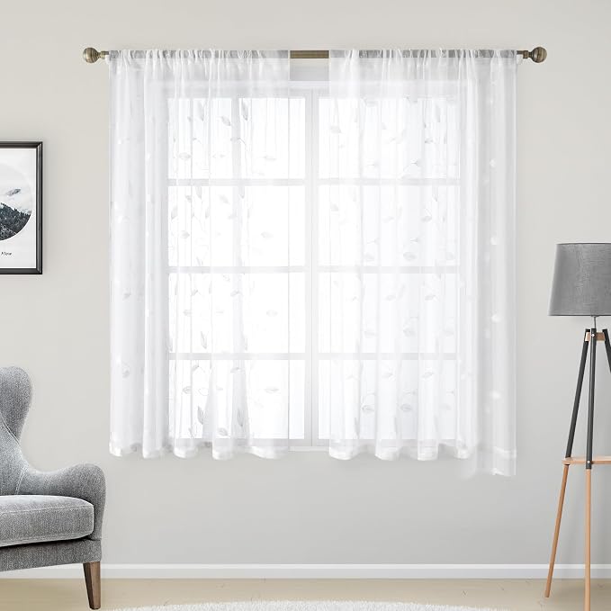 HOMEIDEAS White Sheer Kitchen Curtains 52 x 45 Inch Length 2 Panels Embroidered by HOMEIDEAS