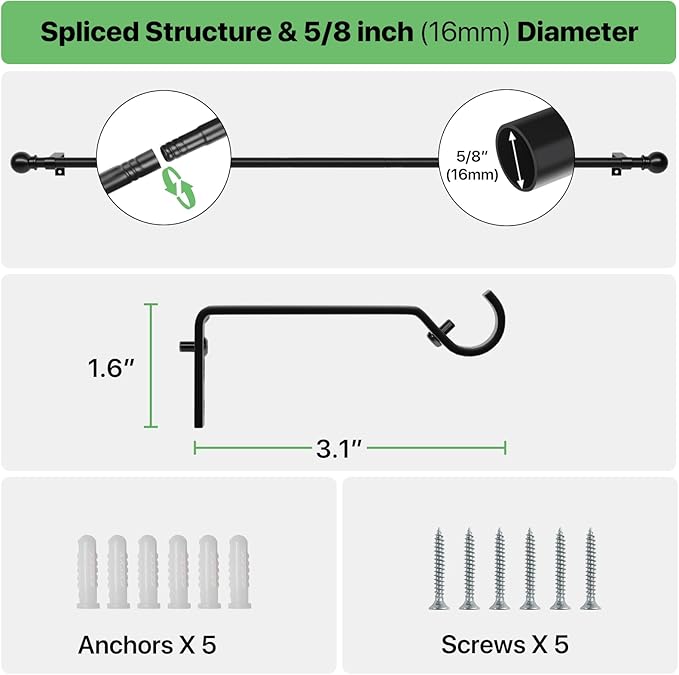 Curtain Rods for Windows 28 to 48 inch, 5/8 inch Black Curtain Rod Set - Image 3