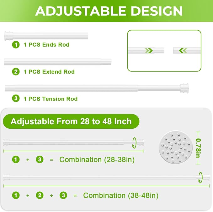 No Drill Tension Curtain Rods 28 to 48 Inch White Small Curtain Rod Adjustable - Image 3