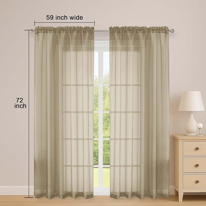 OWENIE Taupe Sheer Curtains 72 Inches Long 2 Panels Set, Transparent Voile - Image 2