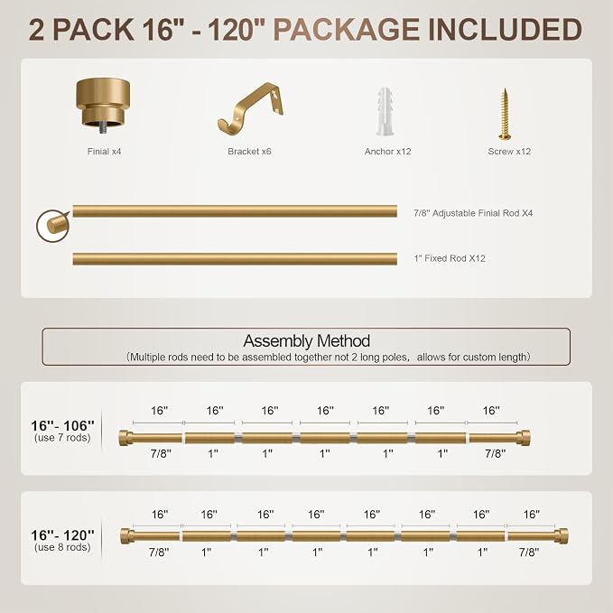 Lootkell 2 Pack Modern Gold Curtain Rods - Image 8