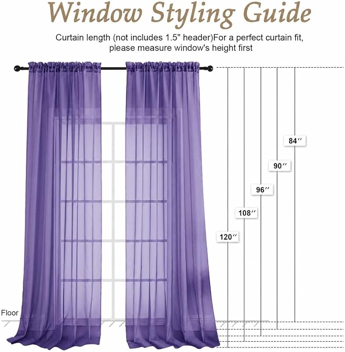 Purple Sheer Curtains 84 Inches Long 2 Panels Set, Light Filtering Sheer - Image 2