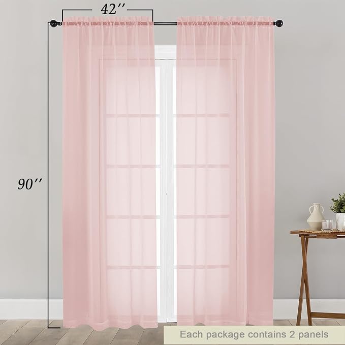 Blush Sheer Curtains for Bedroom Living Room 90 Inches Long 2 Panels Set - Image 2
