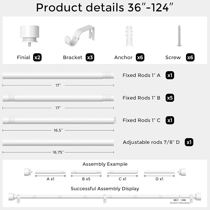 Modern White Curtain Rods for Windows 66 to 120 Inch, Decorative Drapery Rods - Image 5