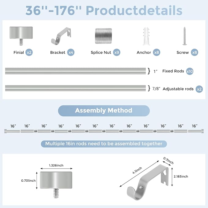 Silver Curtain Rods for Windows 36 to 176 Inch, Size:36-176 Inch - Image 8