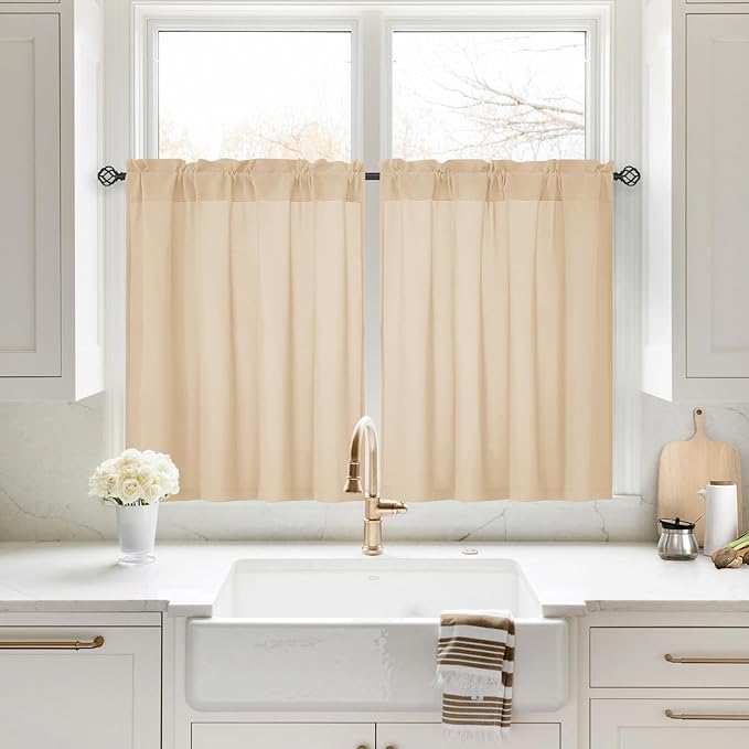 HOMEIDEAS Non-See-Through Beige Privacy Sheer Kitchen Curtains, 30 X 36 Inches by HOMEIDEAS