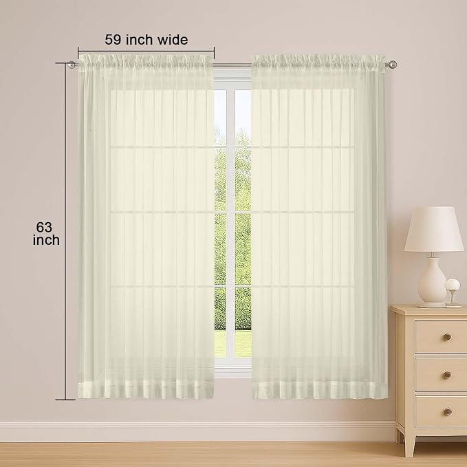 OWENIE Sheer Cream Curtains, Sheer Curtains 63 inch Length 2 Panels Set - Image 2