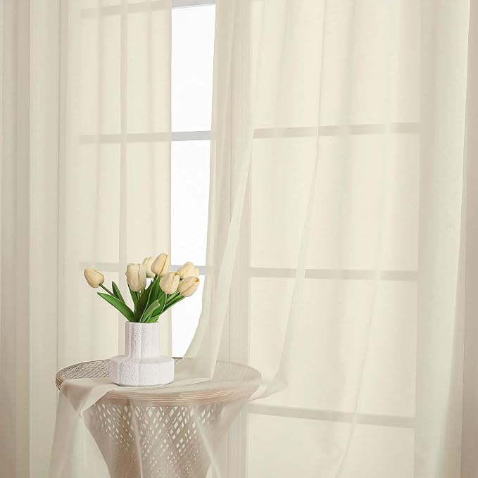 Lecloud Cream Sheer Curtains 63 Inch Length 2 Panels, Rod Pocket Light - Image 8