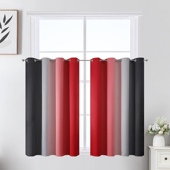 Estelar Textiler Red and Black Ombre Short Blackout Curtains 36 Inch Long by ESTELARTEXTILER