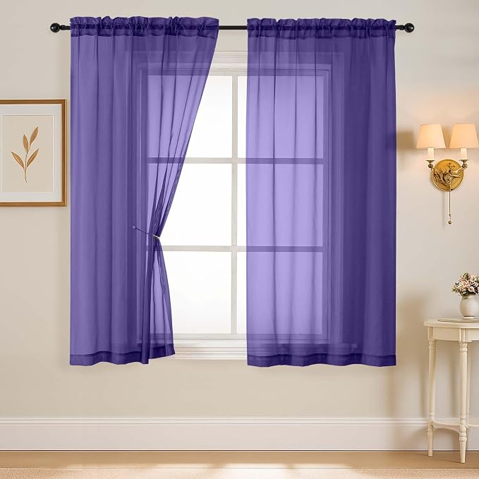 Purple Sheer Curtains 63 Inch Length 2 Panels, Voile Sheer Curtain by Home
