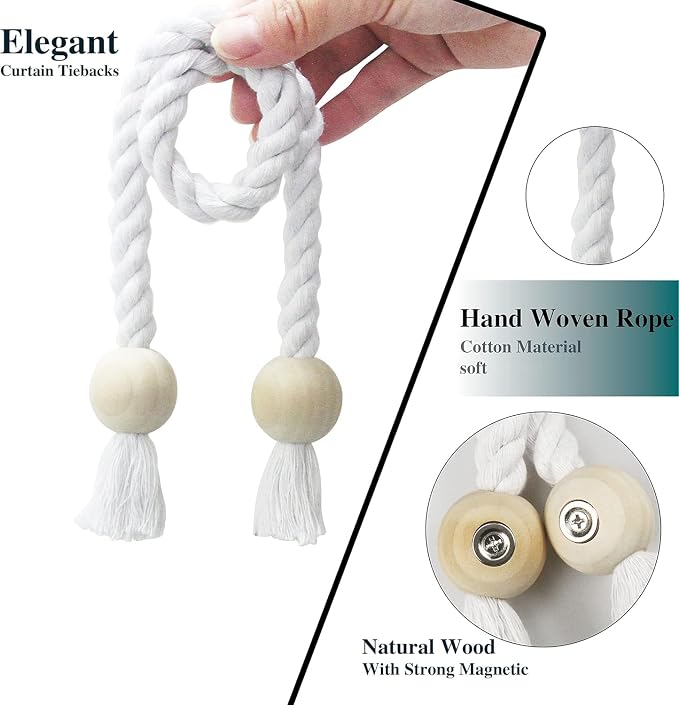 6 Pack Magnetic Curtain Tiebacks Cotton Hand Woven Tie Back Decorative Rope - Image 2
