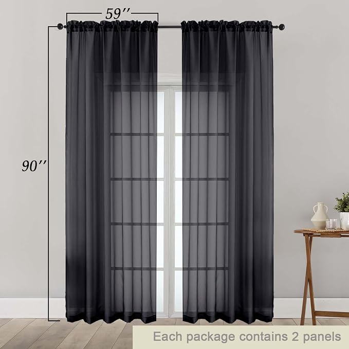 Black Sheer Curtains 90 Inches Long 2 Panels Set - Image 2