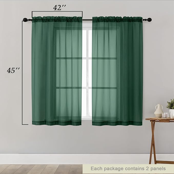 Hunter Green Sheer Curtains for Bedroom Living Room 45 Inch Length 2 Panels - Image 2