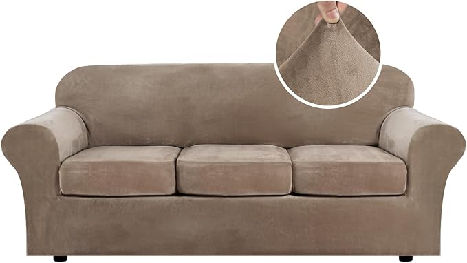 H.VERSAILTEX Modern Velvet Plush 4 Piece High Stretch Sofa Slipcover Strap Sofa by HVERSAILTEX
