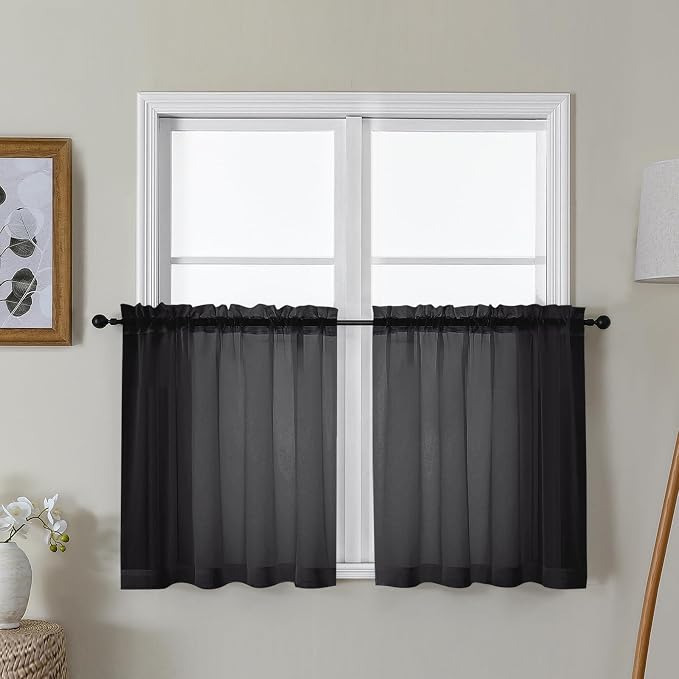 Gwine Black Sheer Curtain Tiers 24 Inch Length, Light Filtering Voile Short by Gwine