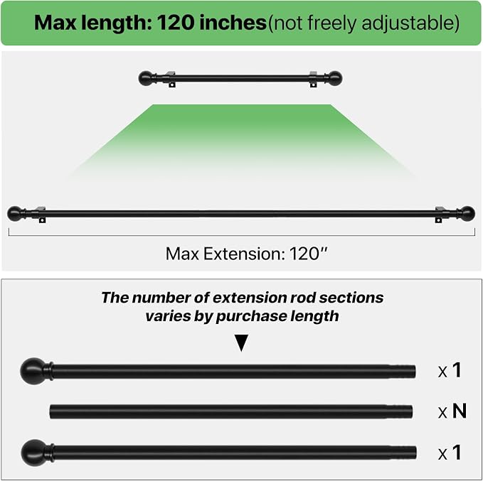 Black Curtain Rods for Windows 66 to 120, Long Curtain Rod for Outdoor Patio - Image 4