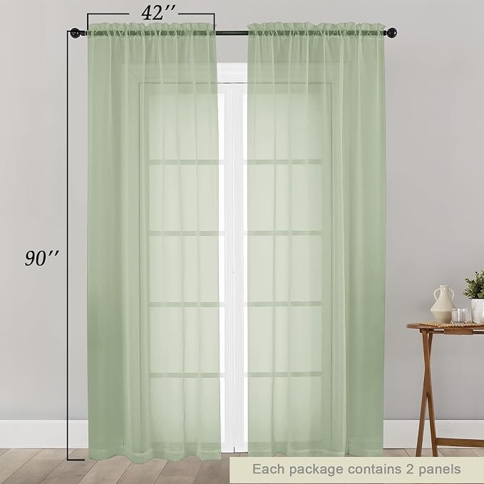 Sheer Light Green Curtains for Bedroom Living Room 90 Inches Long 2 Panels Set - Image 2