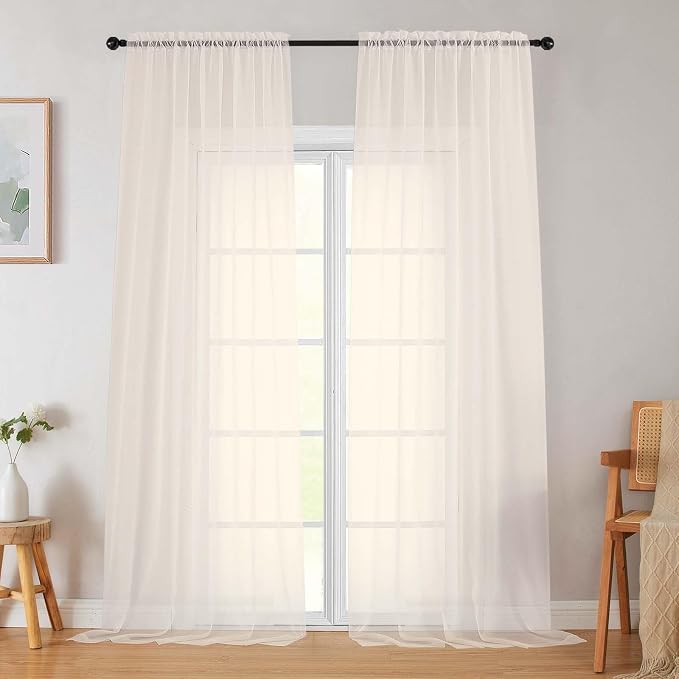 Cream Sheer Curtains for Bedroom Living Room 96 Inches Long 2 Panels, Modern by WelvetBLK