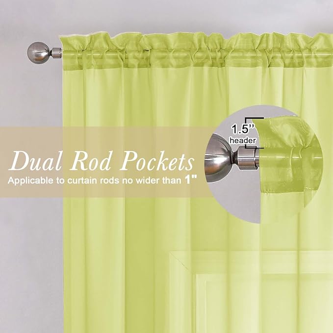 Lemon Sheer Curtains for Living Room 54 Inch Length 2 Pcs, Solid Color Voile - Image 5