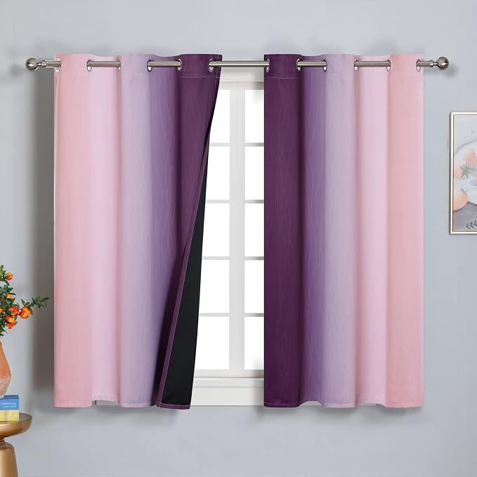 Pink and Purple Curtains 45 Inch Length 2 panels, Full Light Blocking Ombre - Image 2