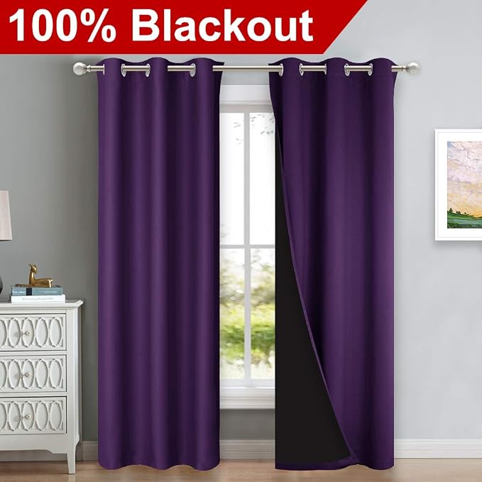 NICETOWN Room Warming Blackout Curtains 80 inches Long, Royal Purple, 2 Pieces - Image 2