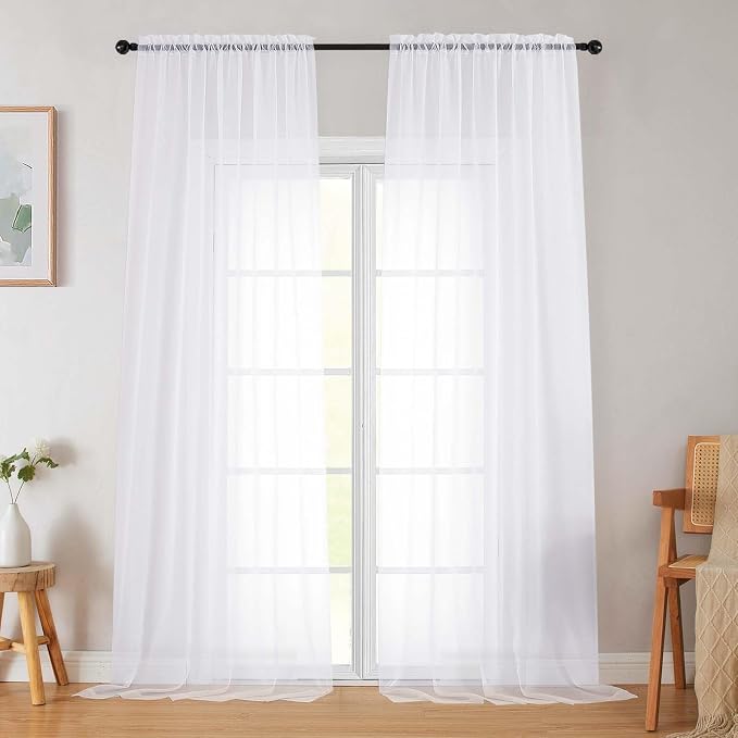 White Sheer Curtains for Bedroom Living Room 96 Inches Long 2 Panels, Modern by WelvetBLK