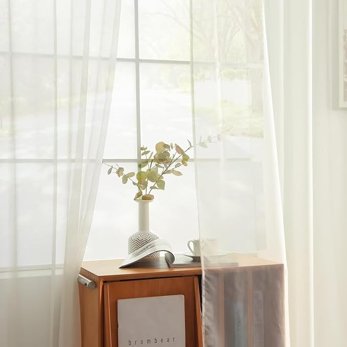 youleyar Solid Sheer Rod Pocket Curtain Voile Draperies 4 Panels Ivory Beige - Image 4