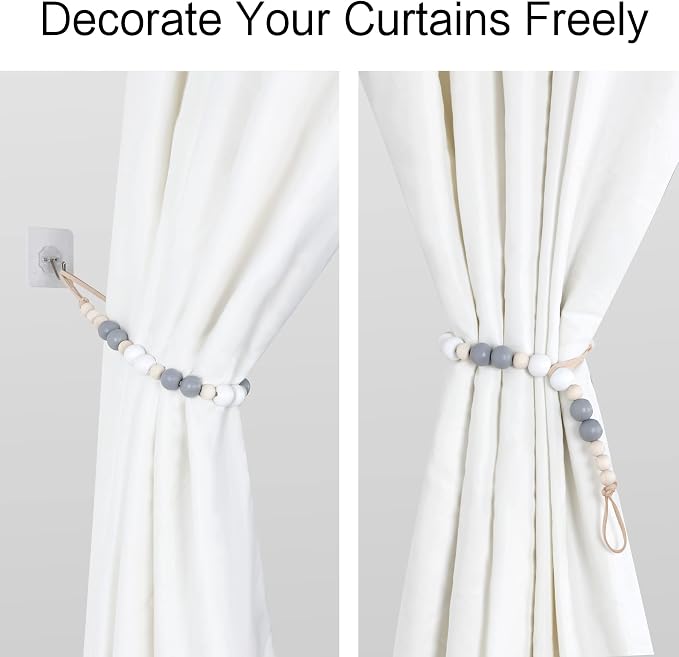 OCIOLI 4 Pieces of Wood Bead Curtain Tieback Boho Curtain Holdbacks Curtain - Image 4