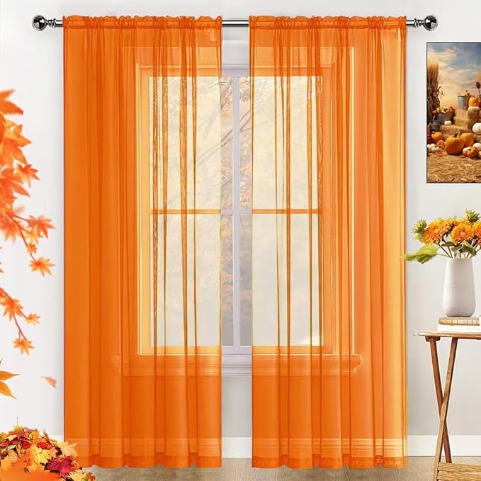 SpaceDresser Basic Rod Pocket Sheer Voile Window Curtain Panels Orange 2 Panels by SpaceDresser