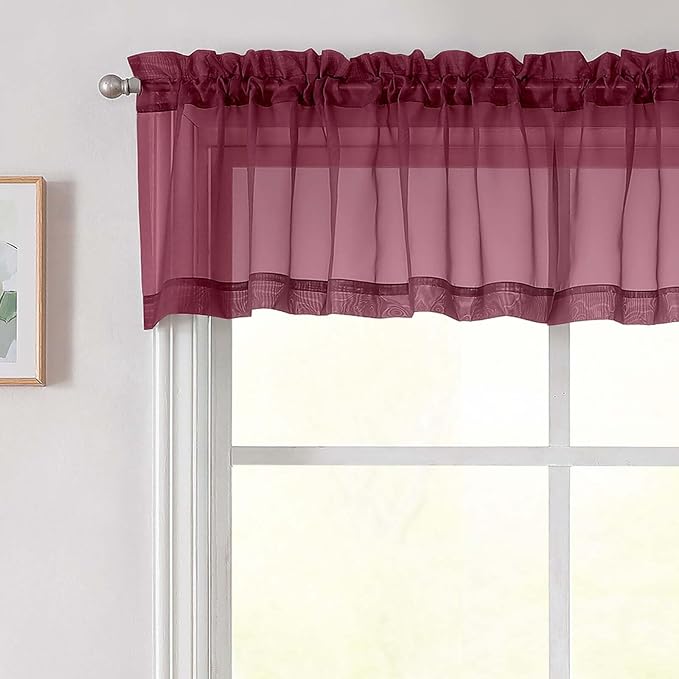 Burgundy Valances for Windows, Burgundy Sheer Curtains 14 Inch Length 2 Pack by WelvetBLK