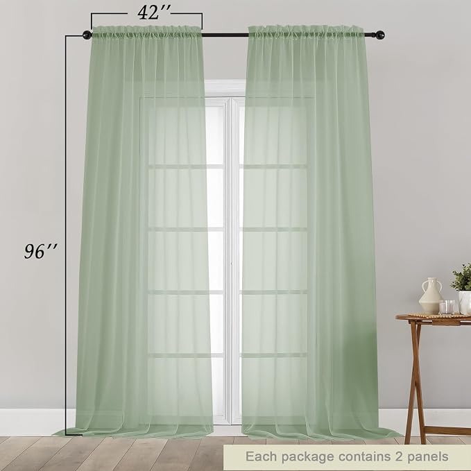 Sage Green Sheer Curtains for Bedroom Living Room 96 Inches Long 2 Panels - Image 2