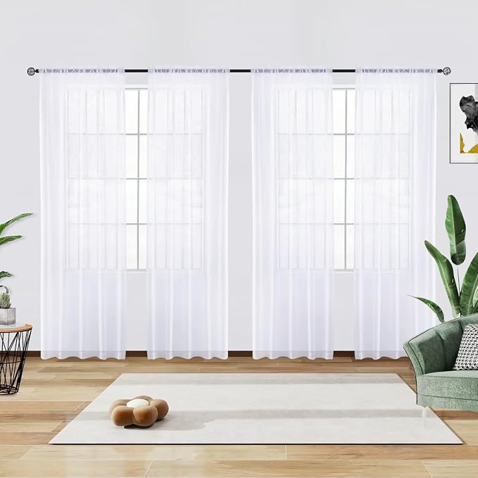 youleyar Solid Sheer Rod Pocket Curtain Voile Draperies 4 Panels White Beige by Youleyar