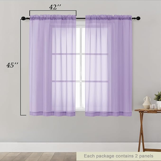 Lavender Sheer Curtains for Bedroom Living Room 45 Inch Length 2 Panels - Image 2