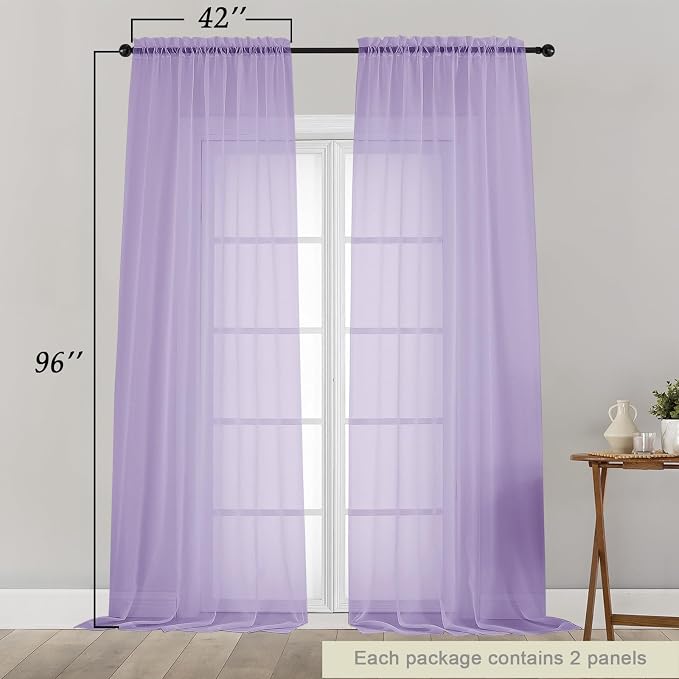 Lavender Sheer Curtains for Bedroom Living Room 96 Inches Long 2 Panels - Image 2