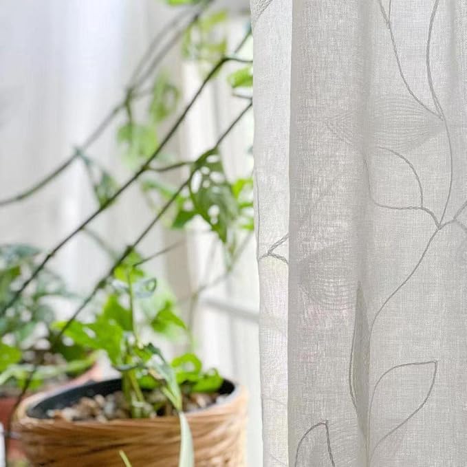 HOMEIDEAS White Sheer Curtains 52 X 84 Inches Long 2 Panels Embroidered Leaf - Image 8