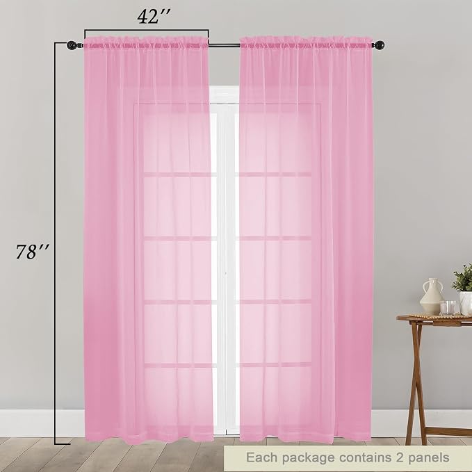 Pink Sheer Curtain for Bedroom Living Room 78 Inches Long 2 Panels Set - Image 2
