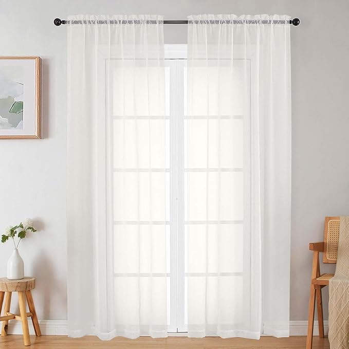 Ivory Sheer Curtains for Bedroom Living Room 90 Inches Long 2 Panels Set by WelvetBLK