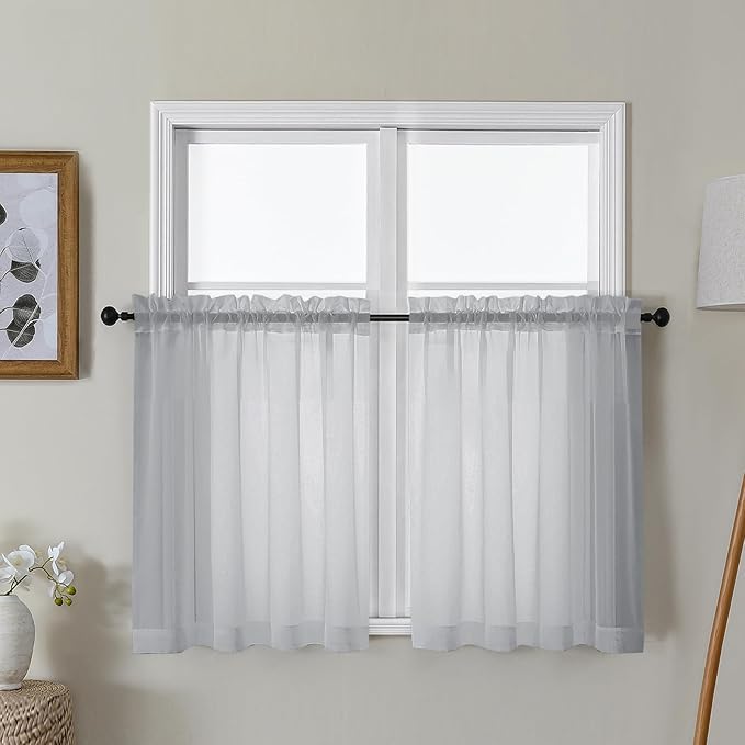 Gwine Light Grey Sheer Curtains 30 Inch Length, Short Light Filtering Voile by Gwine