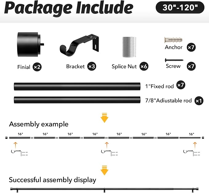 GEEBOBO Black Curtain Rods for Windows 66 to 120 Inch, 1 Inch Adjustable Heavy - Image 6
