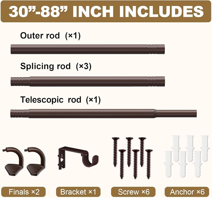 GXOACKJ Brown Curtain Rods for Windows 48 to 84 inch, 5/8 inch Adjustable Wrap - Image 5
